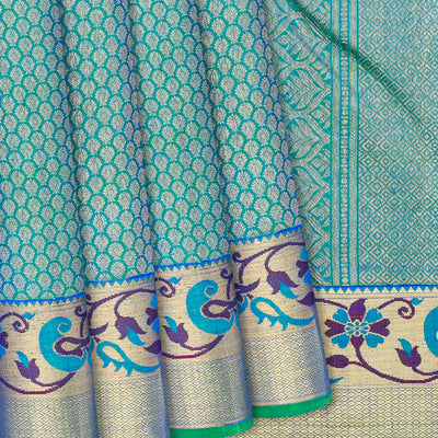 Light Blue Handloom Kanchipuram Silk Saree With Floral Motifs-Light Blue