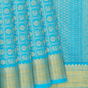 Turquoise Handloom Kanchipuram Silk Saree With Annam Chakaram Motifs-Turquoise
