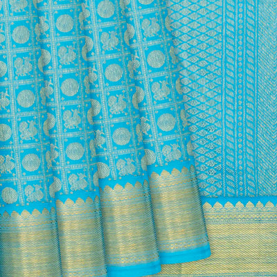 Turquoise Handloom Kanchipuram Silk Saree With Annam Chakaram Motifs-Turquoise