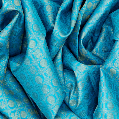 Turquoise Handloom Kanchipuram Silk Saree With Annam Chakaram Motifs-Turquoise