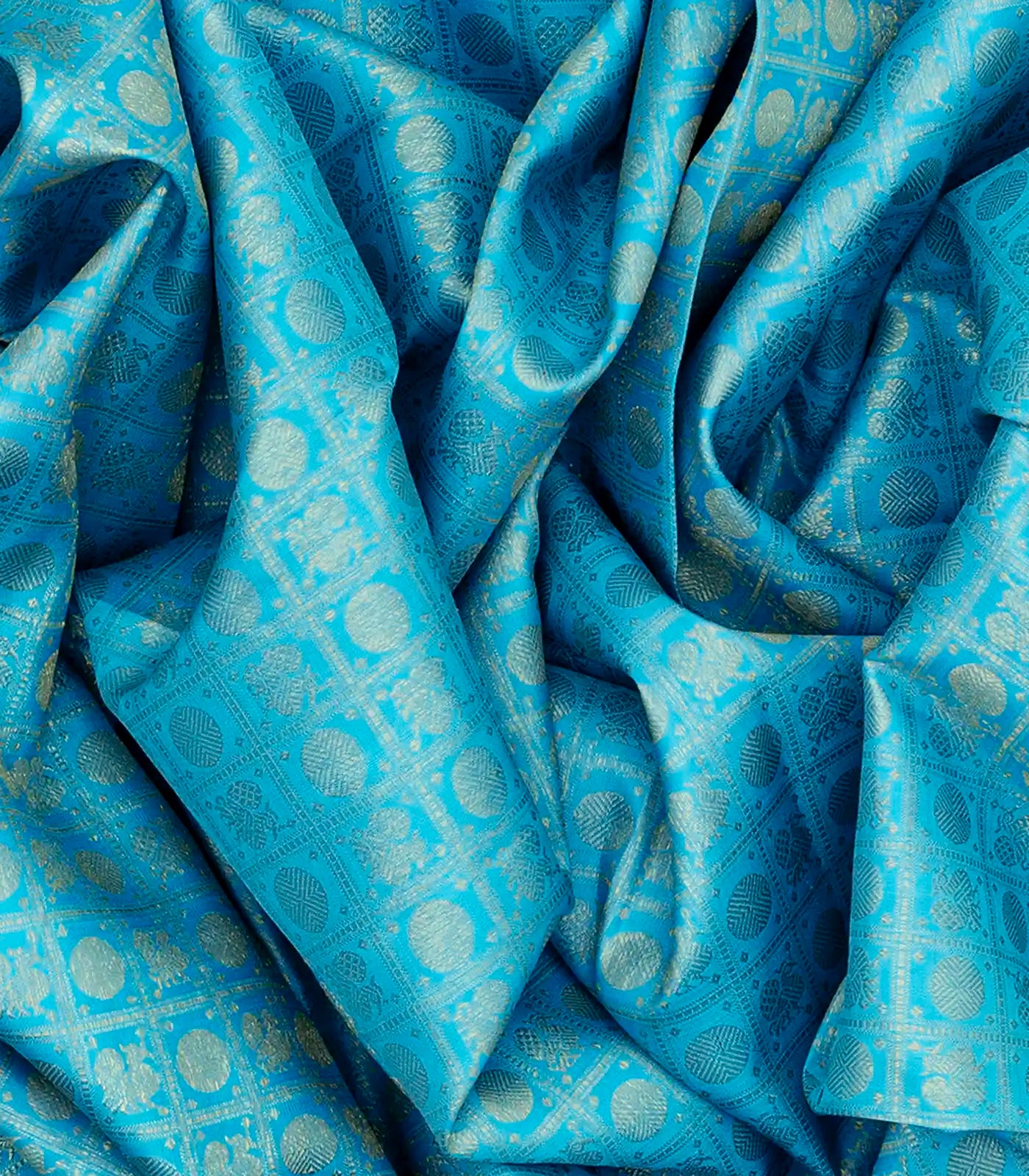 Turquoise Handloom Kanchipuram Silk Saree With Annam Chakaram Motifs-Turquoise
