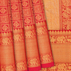 Crimson Handloom Kanchipuram Silk Saree With Kamalam Motifs -Crimson