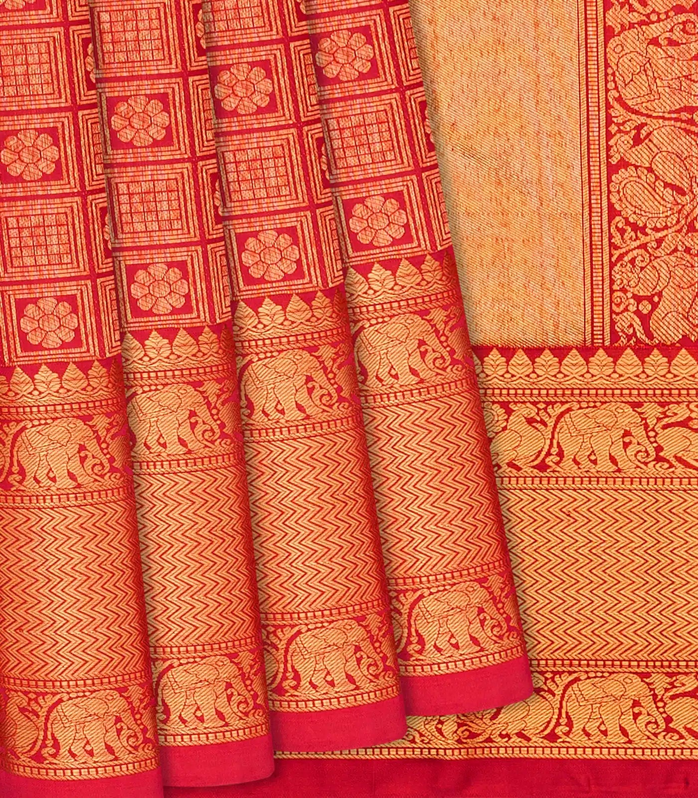 Crimson Handloom Kanchipuram Silk Saree With Kamalam Motifs -Crimson