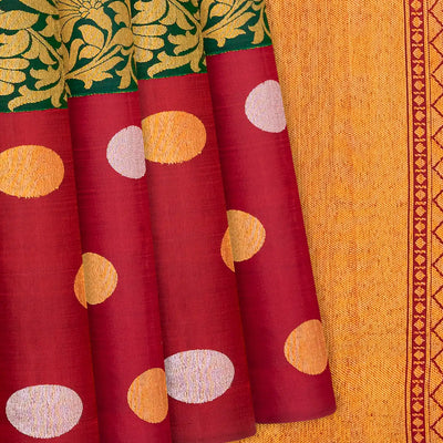 Bottle Green Handloom Kanchipuram Korvai Silk Saree With Floral Motifs-Bottle Green