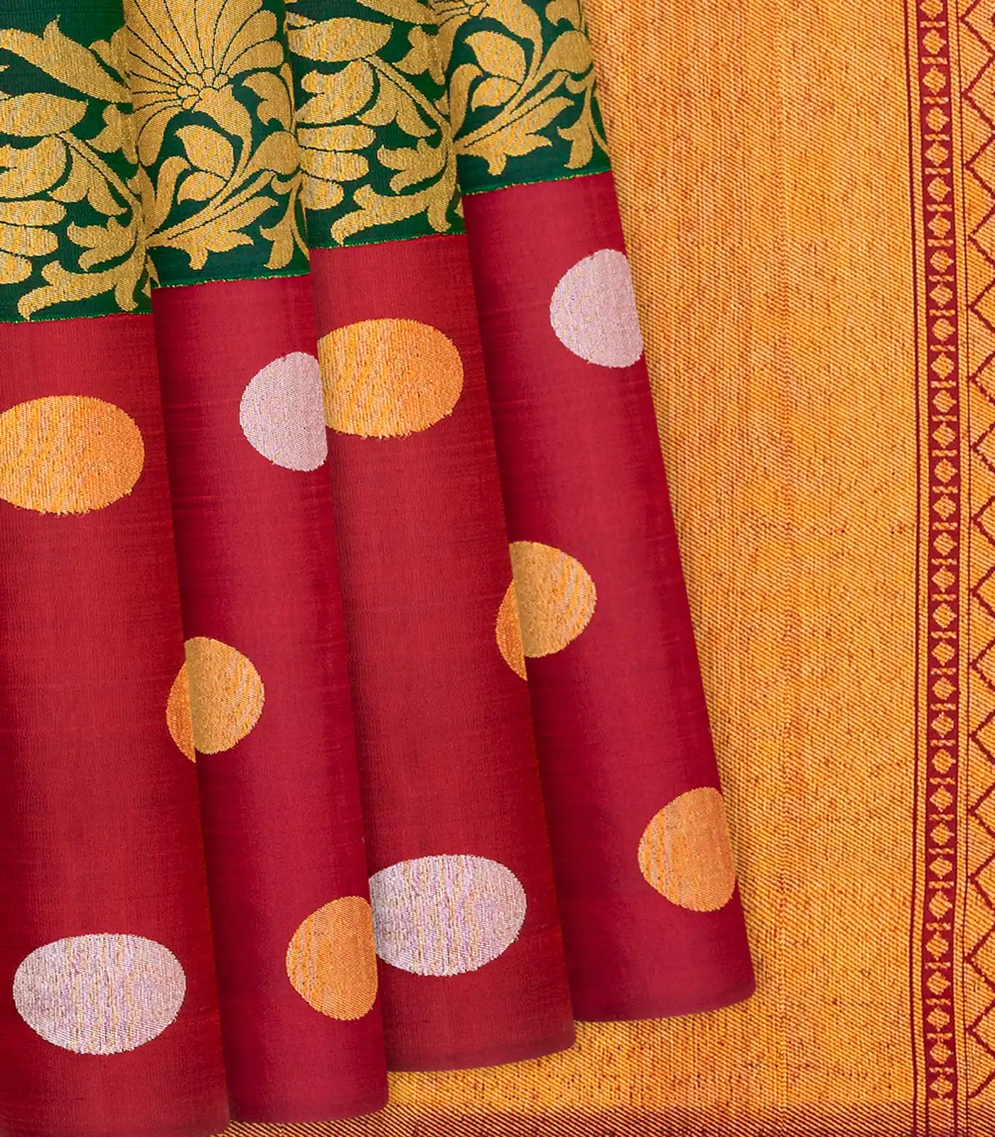 Bottle Green Handloom Kanchipuram Korvai Silk Saree With Floral Motifs-Bottle Green