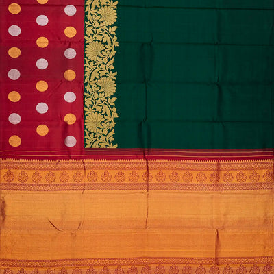 Bottle Green Handloom Kanchipuram Korvai Silk Saree With Floral Motifs-Bottle Green