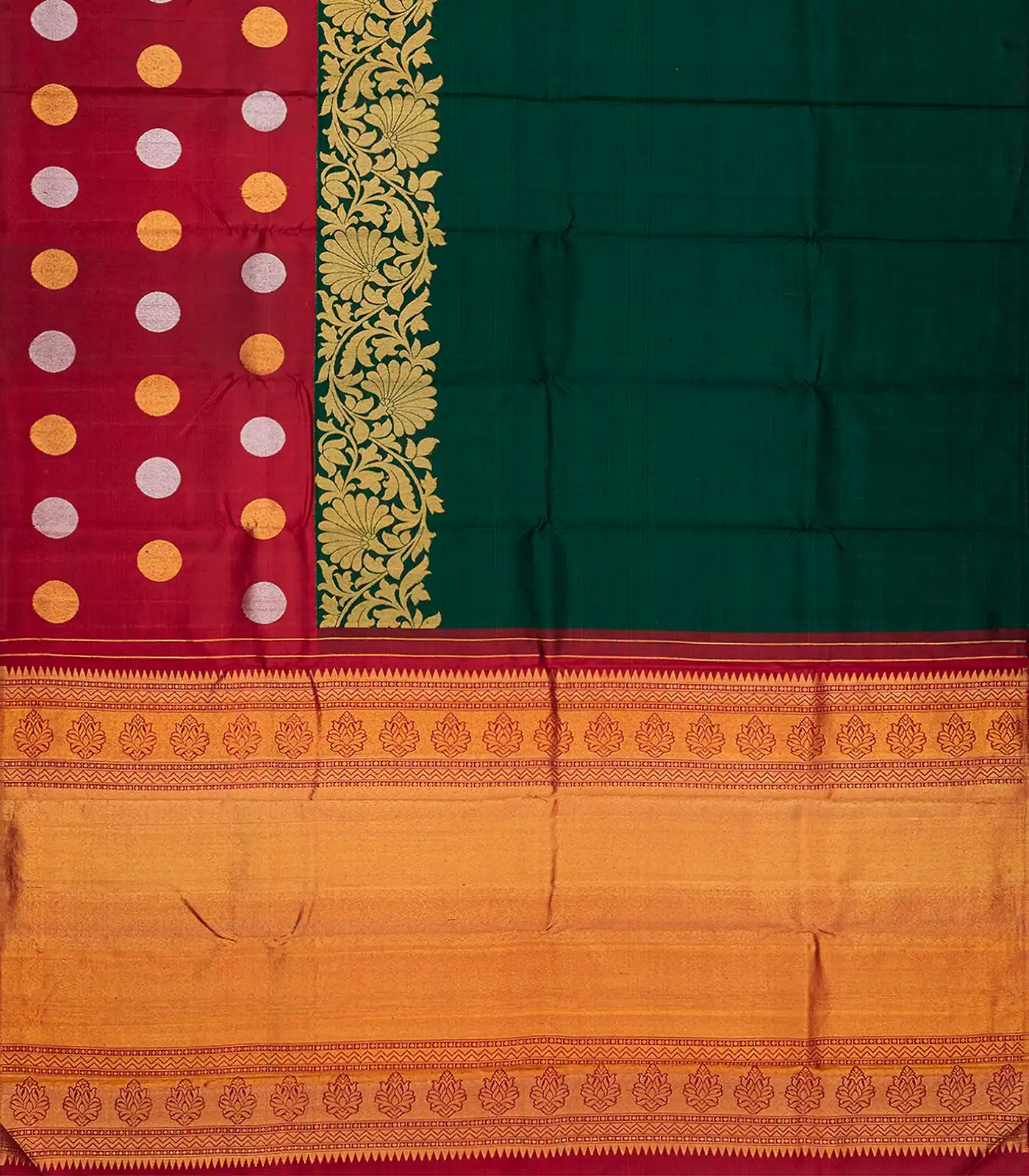 Bottle Green Handloom Kanchipuram Korvai Silk Saree With Floral Motifs-Bottle Green
