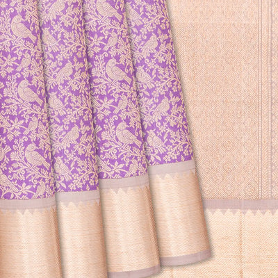 Lavender Handloom Kanchipuram Silk Saree With Bird Vine Motifs-Lavander
