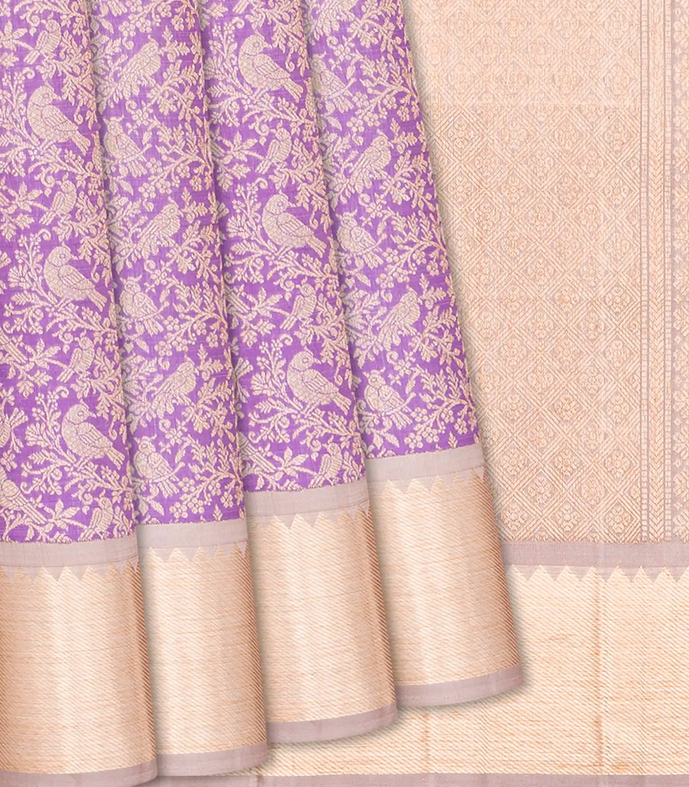 Lavender Handloom Kanchipuram Silk Saree With Bird Vine Motifs-Lavander