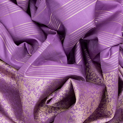 Lavender Handloom Kanchipuram Silk Saree With Bird Vine Motifs-Lavander