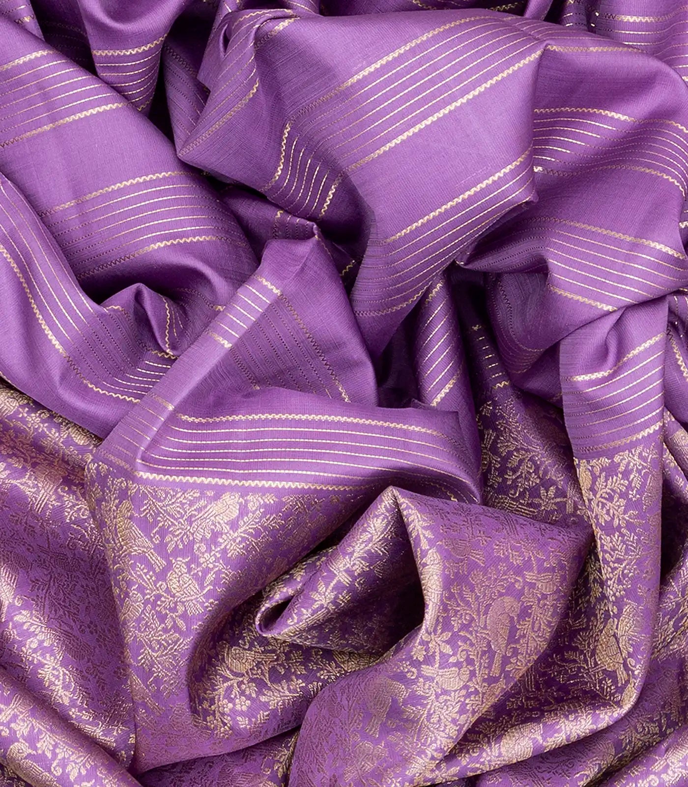 Lavender Handloom Kanchipuram Silk Saree With Bird Vine Motifs-Lavander