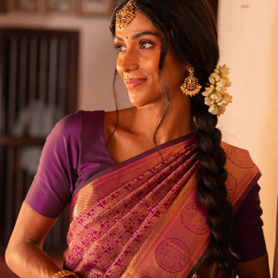 Magenta Handloom Kanchipuram Silk Saree With Gandaberunda Motifs-Magenta