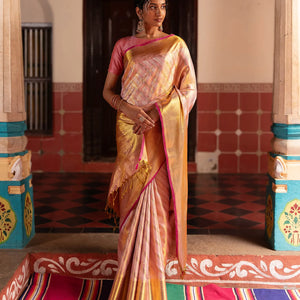 Dusty Pink Handloom Kanchipuram Silk Saree With Diagonal Floral Motifs-Dusty Pink
