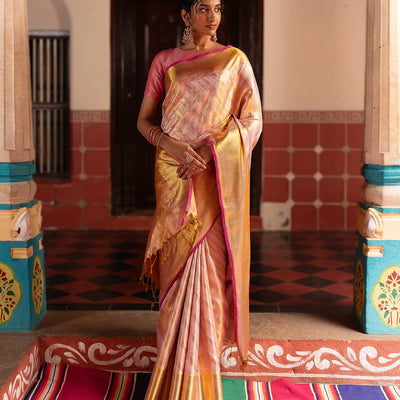 Dusty Pink Handloom Kanchipuram Silk Saree With Diagonal Floral Motifs-Dusty Pink