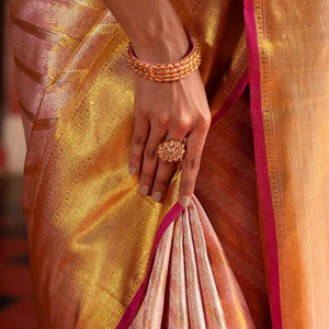 Dusty Pink Handloom Kanchipuram Silk Saree With Diagonal Floral Motifs-Dusty Pink