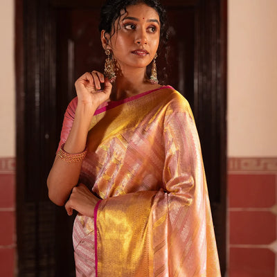 Dusty Pink Handloom Kanchipuram Silk Saree With Diagonal Floral Motifs-Dusty Pink