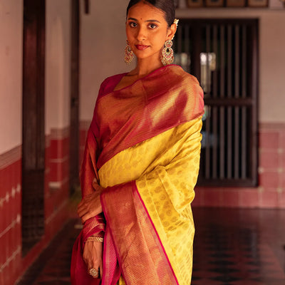 Yellow Handloom Kanchipuram Korvai Silk Saree With Annam Chakaram Motifs-Yellow