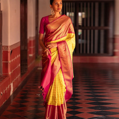 Yellow Handloom Kanchipuram Korvai Silk Saree With Annam Chakaram Motifs-Yellow