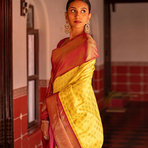 Yellow Handloom Kanchipuram Korvai Silk Saree With Annam Chakaram Motifs-Yellow