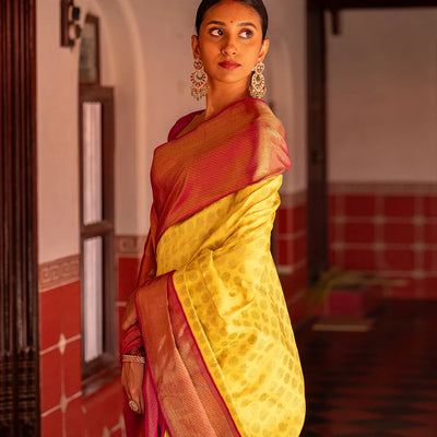 Yellow Handloom Kanchipuram Korvai Silk Saree With Annam Chakaram Motifs-Yellow