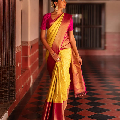 Yellow Handloom Kanchipuram Korvai Silk Saree With Annam Chakaram Motifs-Yellow