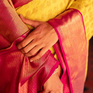 Yellow Handloom Kanchipuram Korvai Silk Saree With Annam Chakaram Motifs-Yellow