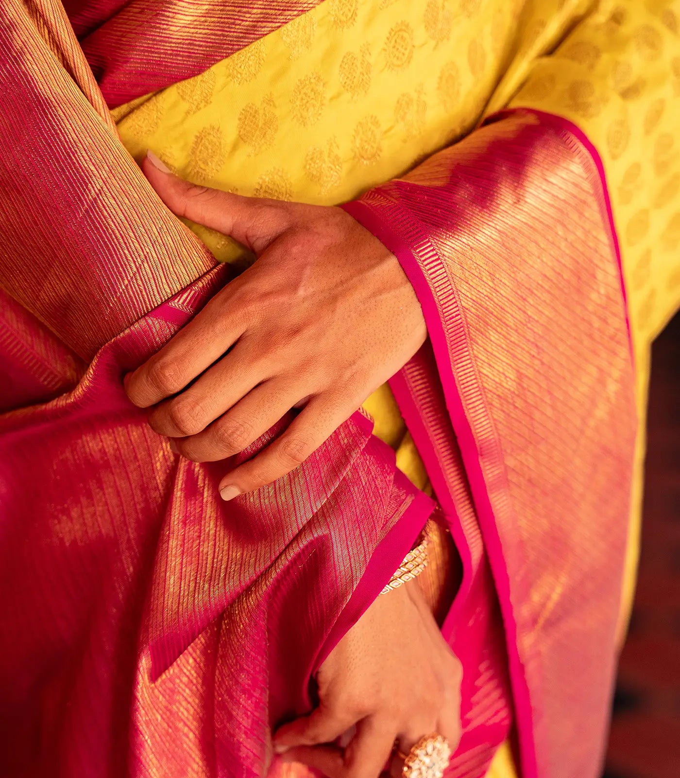 Yellow Handloom Kanchipuram Korvai Silk Saree With Annam Chakaram Motifs-Yellow