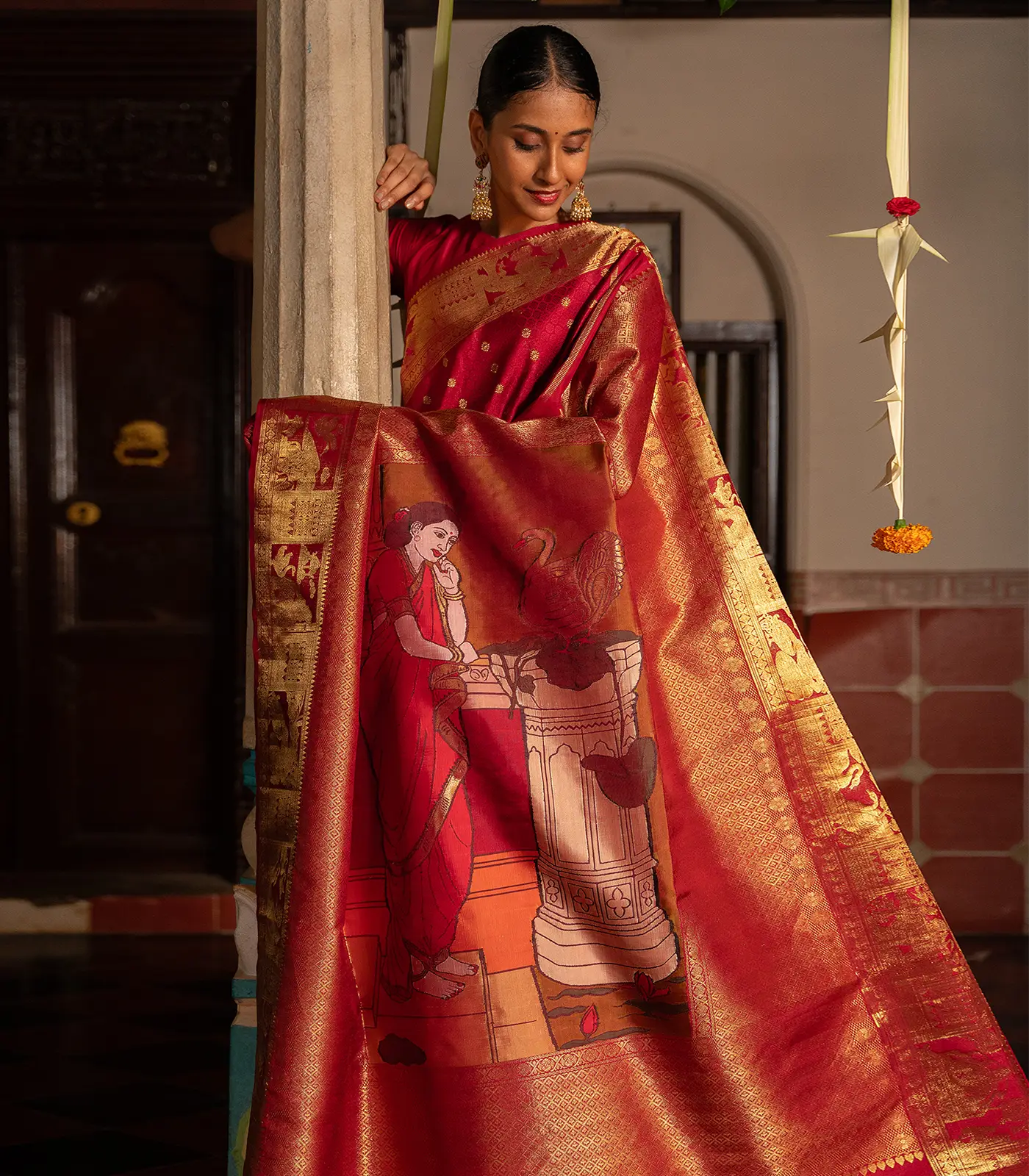Crimson Handwoven Kanchipuram "Hamsa Damayanthi" Silk Saree-Crimson