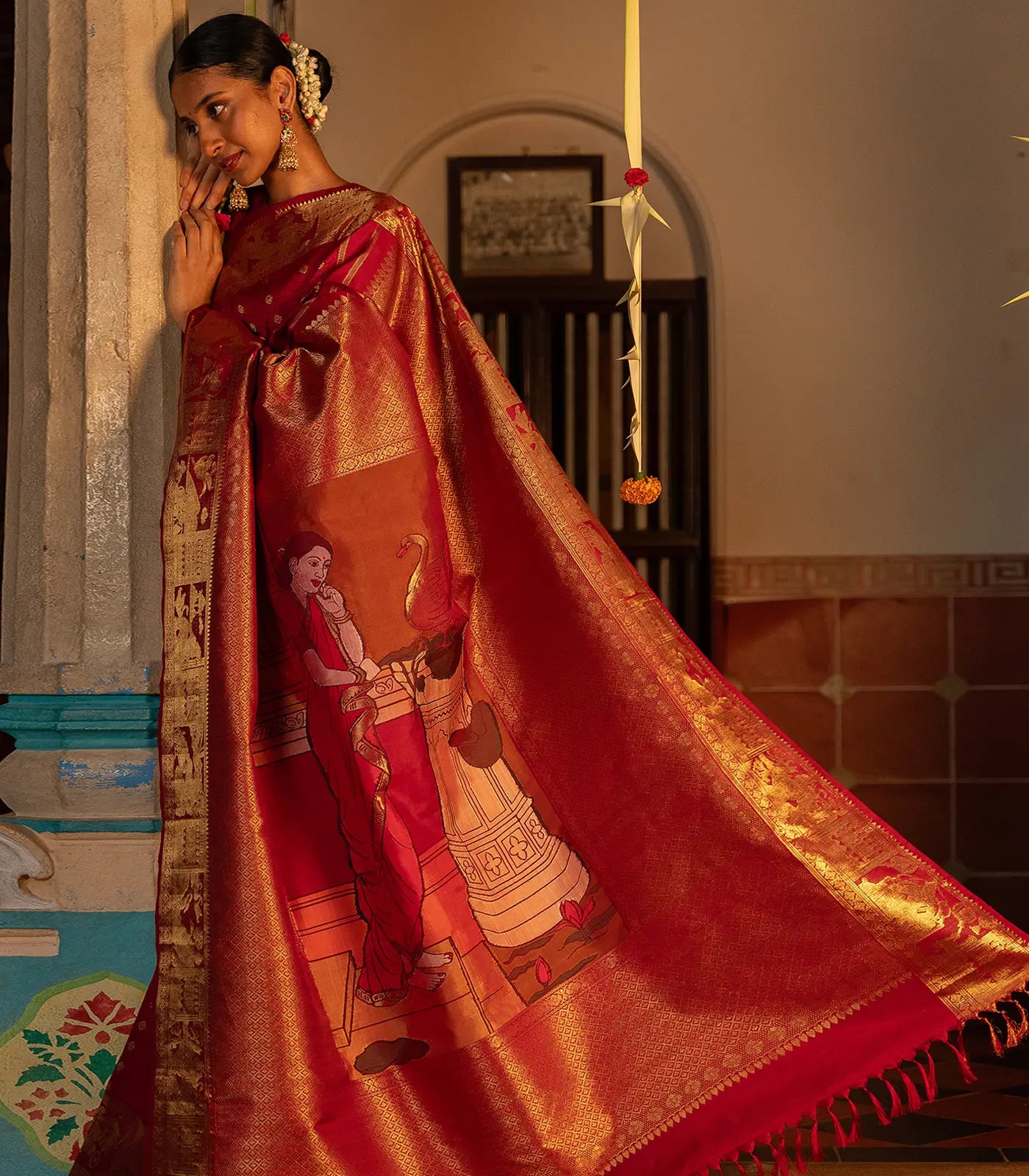 Crimson Handwoven Kanchipuram "Hamsa Damayanthi" Silk Saree-Crimson