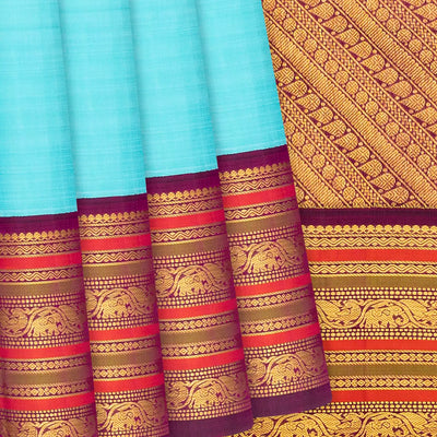 Turquoise Handloom Kanchipuram Korvai Silk Saree With Magenta Border