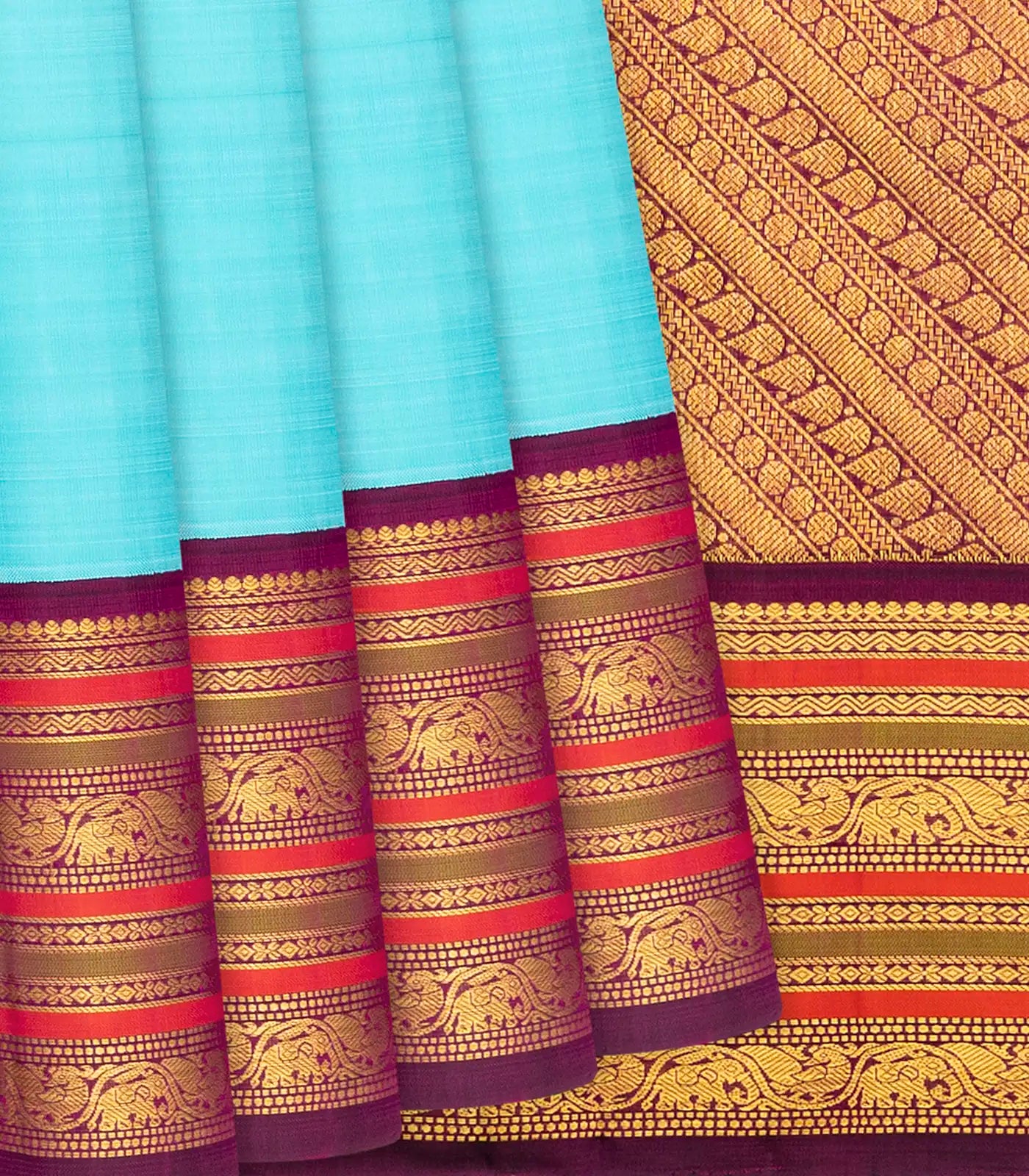 Turquoise Handloom Kanchipuram Korvai Silk Saree With Magenta Border