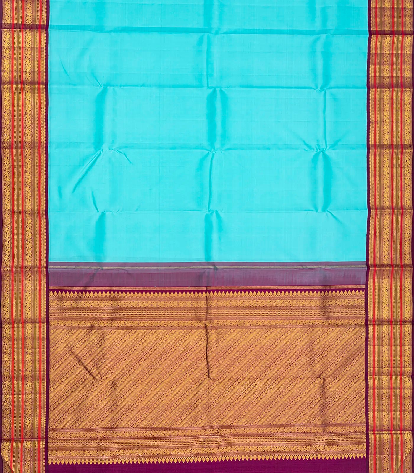 Turquoise Handloom Kanchipuram Korvai Silk Saree With Magenta Border