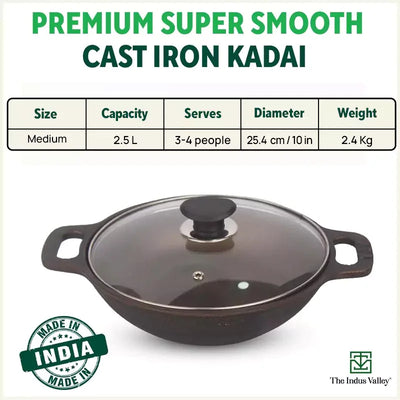 Super Smooth Cast Iron Kadai (Wok)+ Glass Lid, Pre-seasoned, Nonstick, 100% Pure,Toxin-free, 25.4cm, 2.5L, 2.4kg