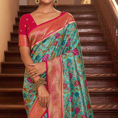 Ocean Blue Satin Crepe Saree
