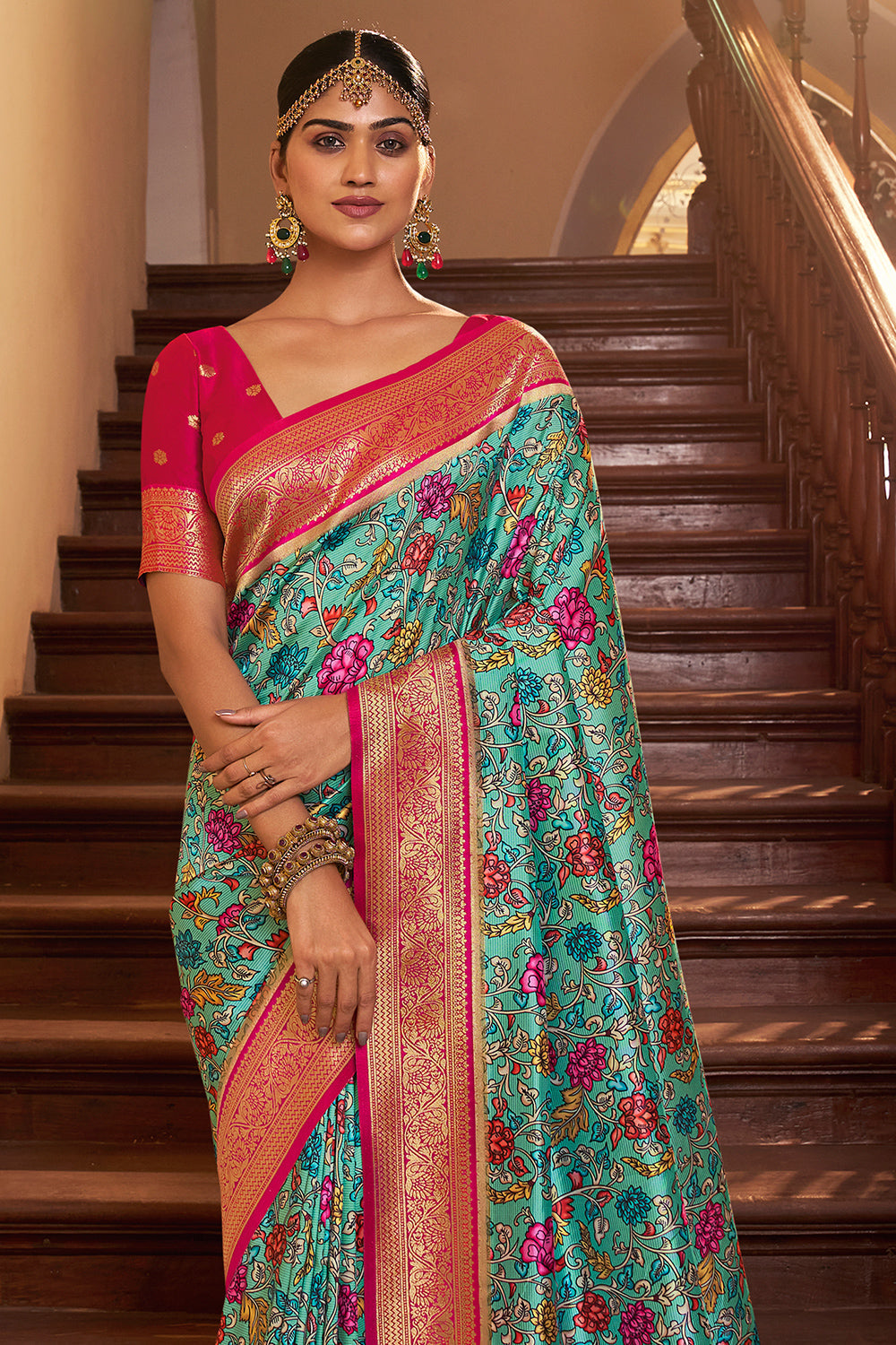 Ocean Blue Satin Crepe Saree