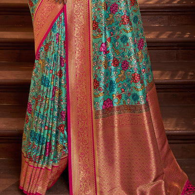 Ocean Blue Satin Crepe Saree