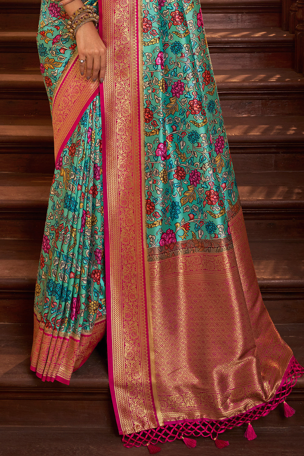 Ocean Blue Satin Crepe Saree