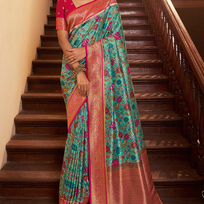 Ocean Blue Satin Crepe Saree
