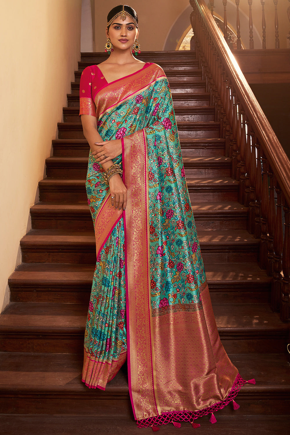 Ocean Blue Satin Crepe Saree