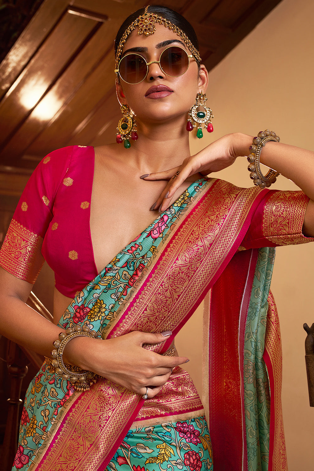Ocean Blue Satin Crepe Saree