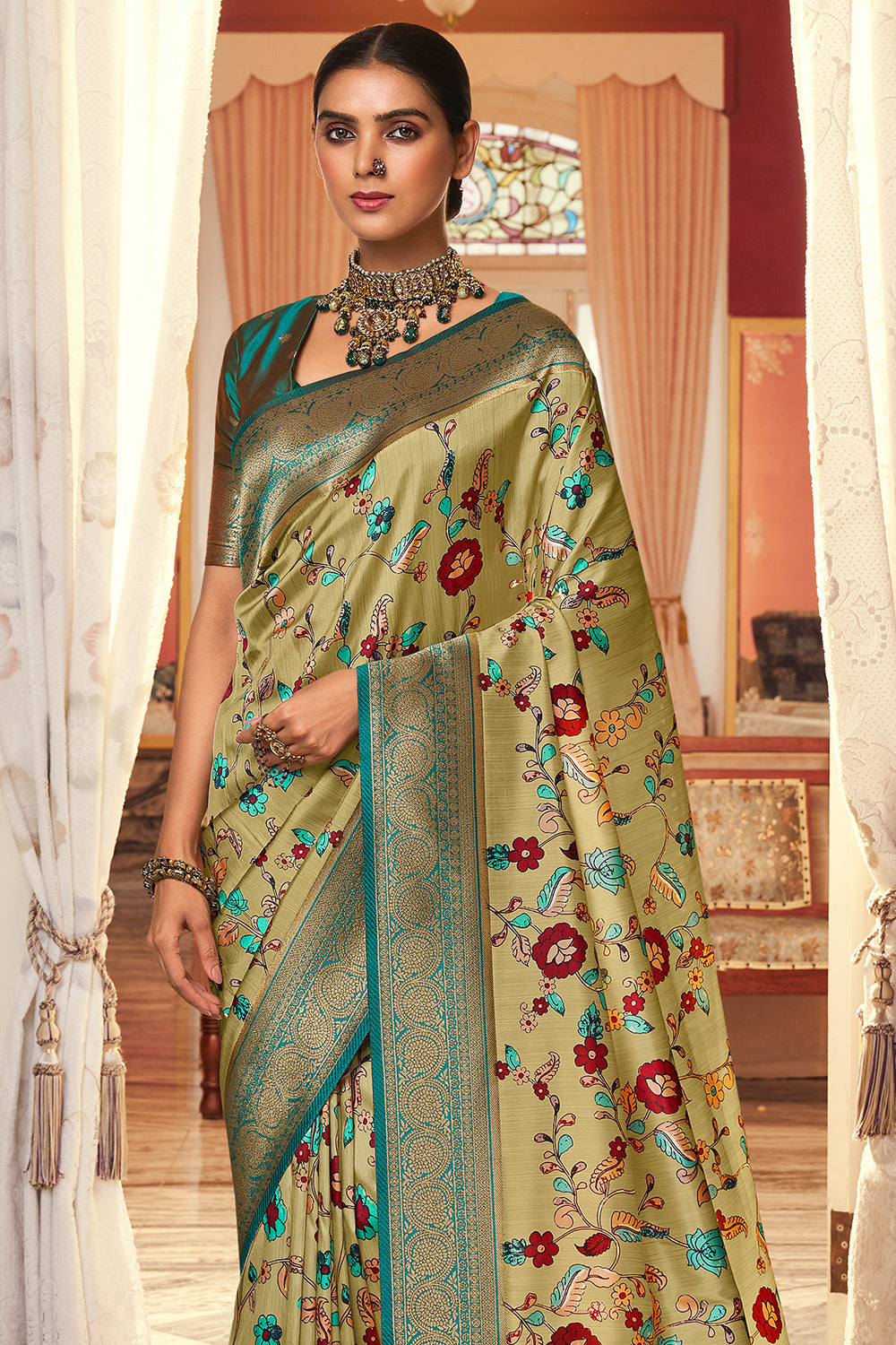 Fern Green Satin Crepe Saree