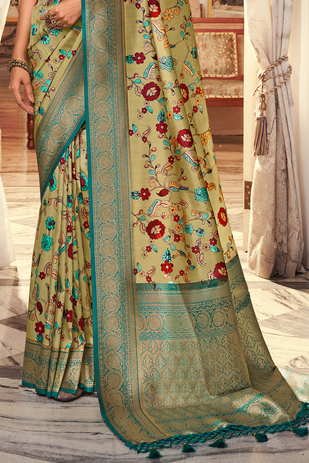 Fern Green Satin Crepe Saree