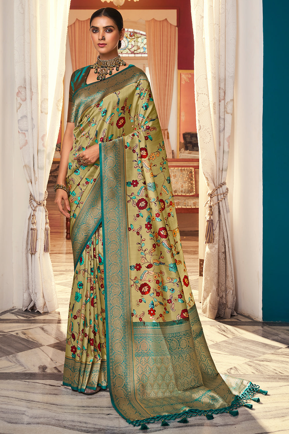Fern Green Satin Crepe Saree