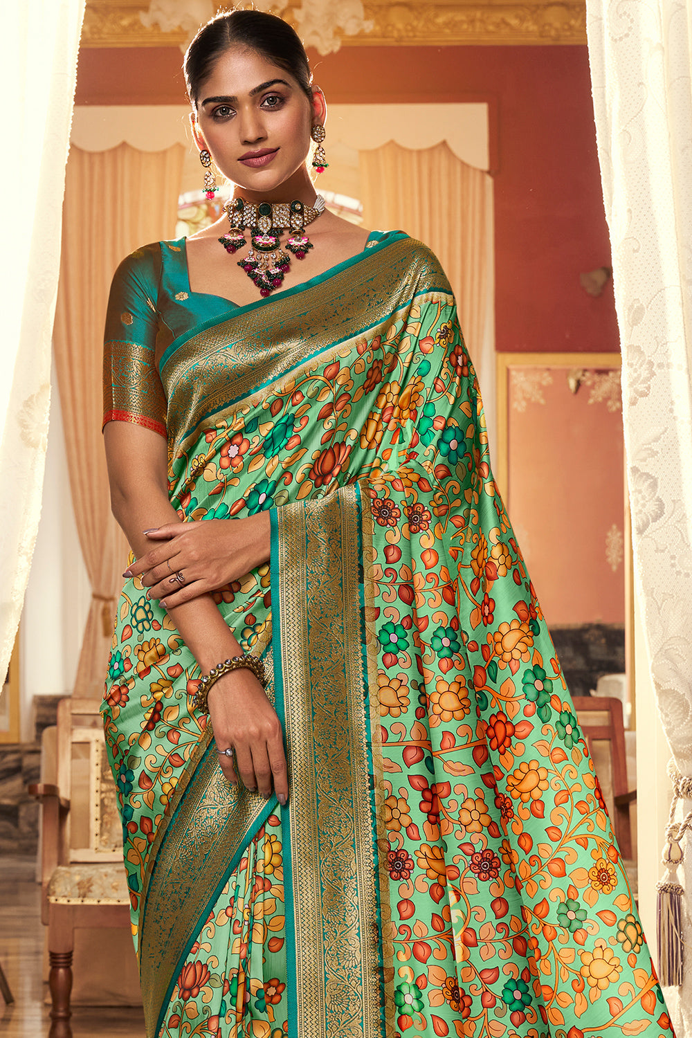 Multi Green Satin Crepe Saree