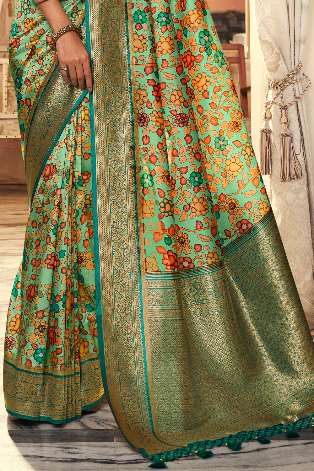 Multi Green Satin Crepe Saree