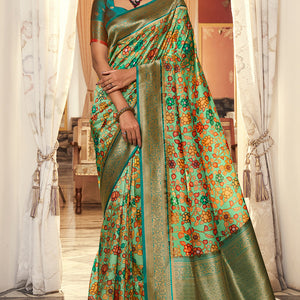 Multi Green Satin Crepe Saree