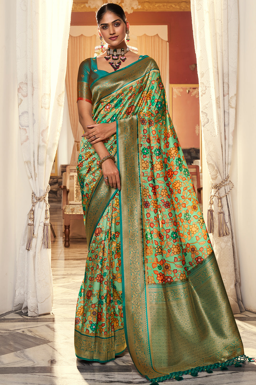 Multi Green Satin Crepe Saree