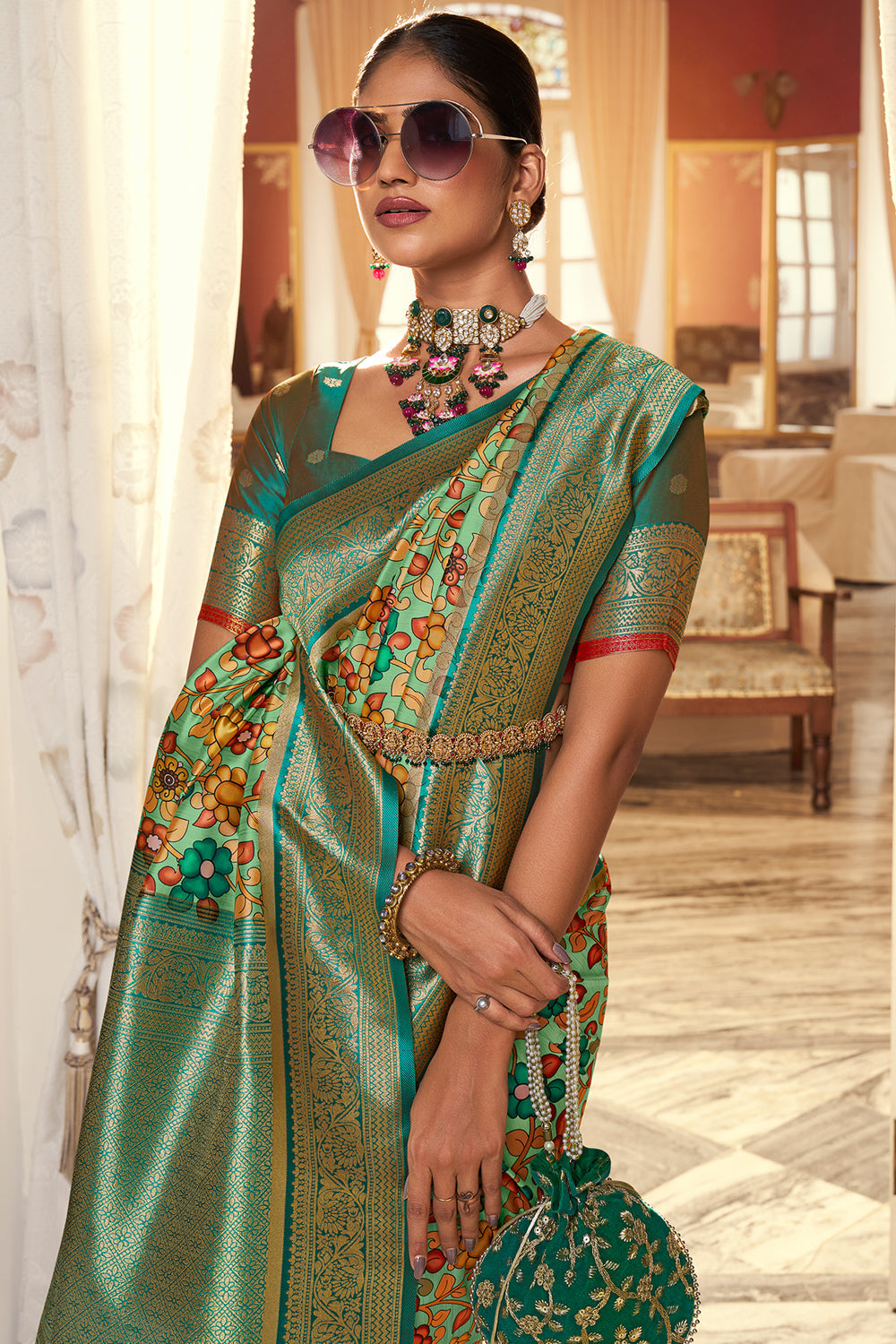 Multi Green Satin Crepe Saree