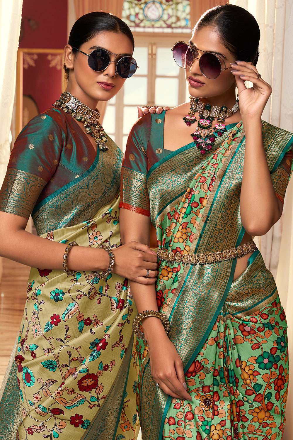 Multi Green Satin Crepe Saree