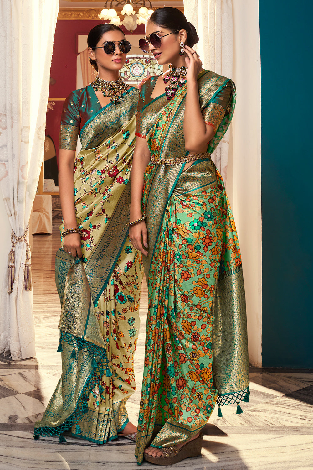 Multi Green Satin Crepe Saree